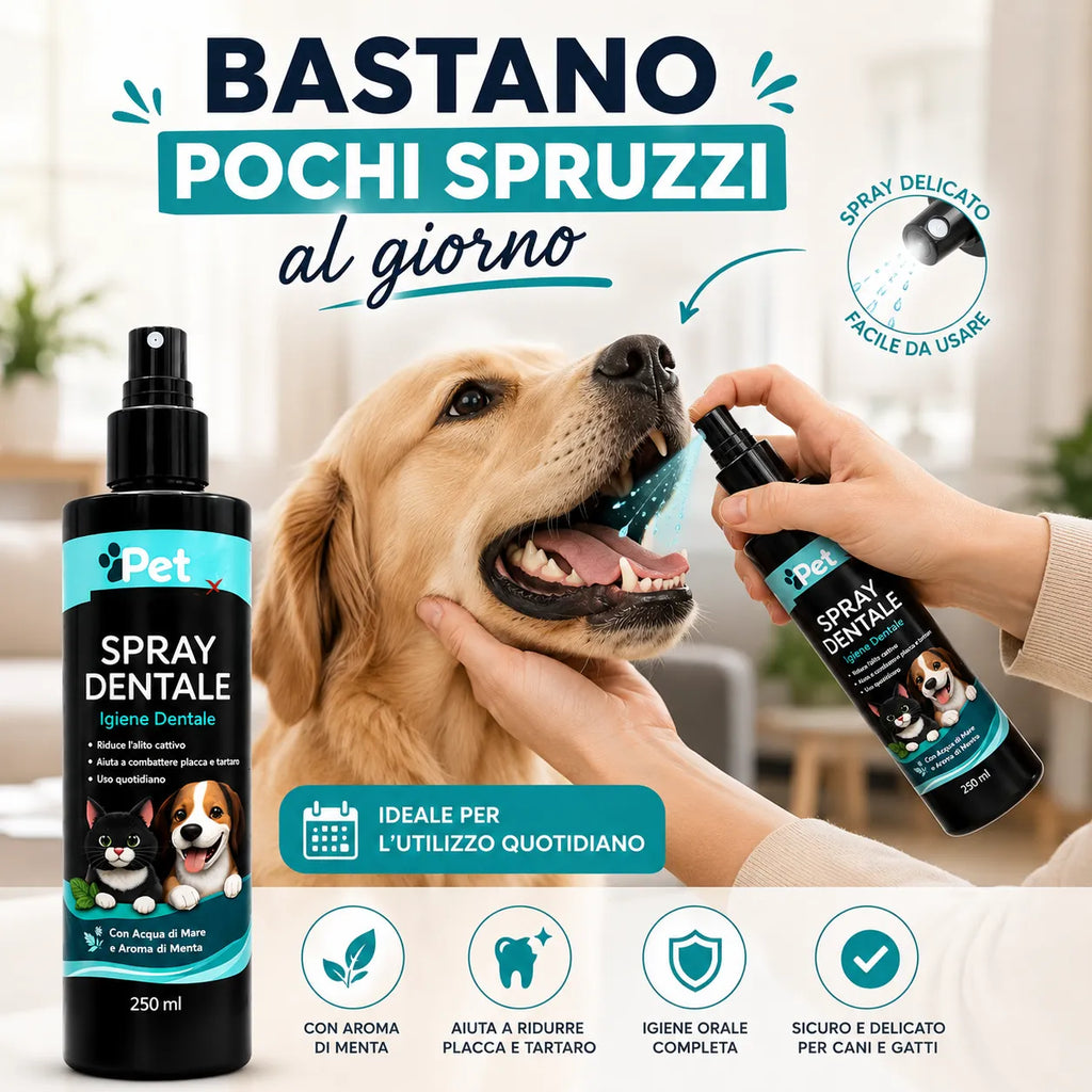PET SMILE – Spray Dentale per Cani e Gatti 250ml | Igiene Orale Senza Spazzolino | Riduce Placca e Tartaro | Alito Fresco | Con Mentolo | Formulato in Italia
