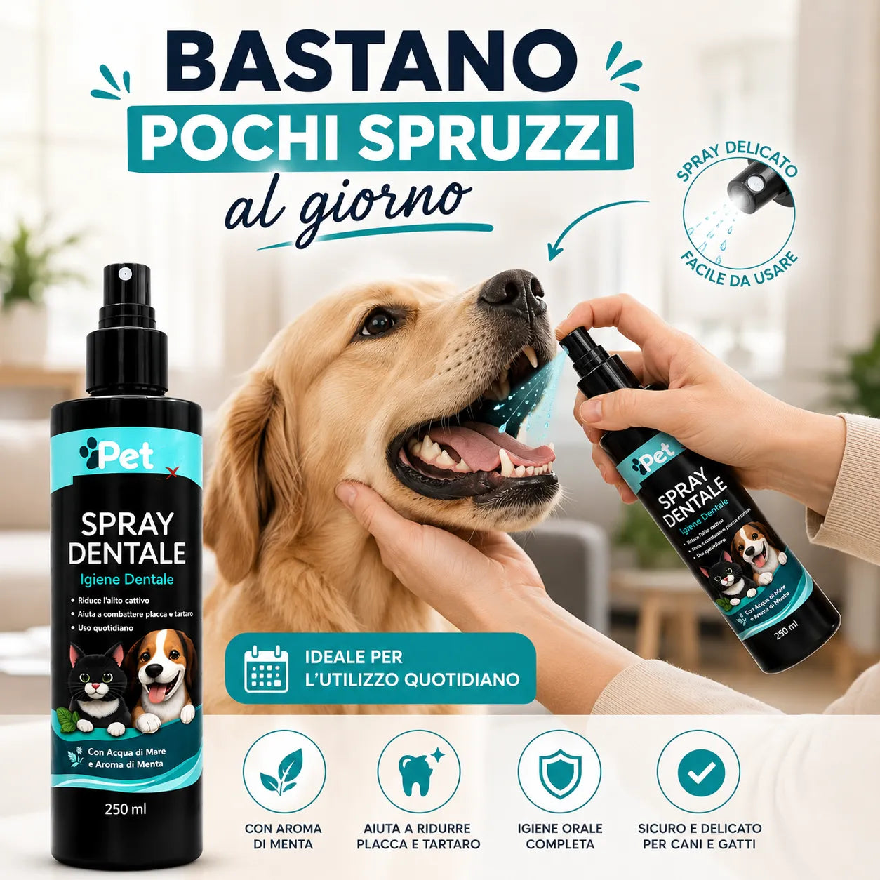 PET SMILE – Spray Dentale per Cani e Gatti 250ml | Igiene Orale Senza Spazzolino | Riduce Placca e Tartaro | Alito Fresco | Con Mentolo | Formulato in Italia