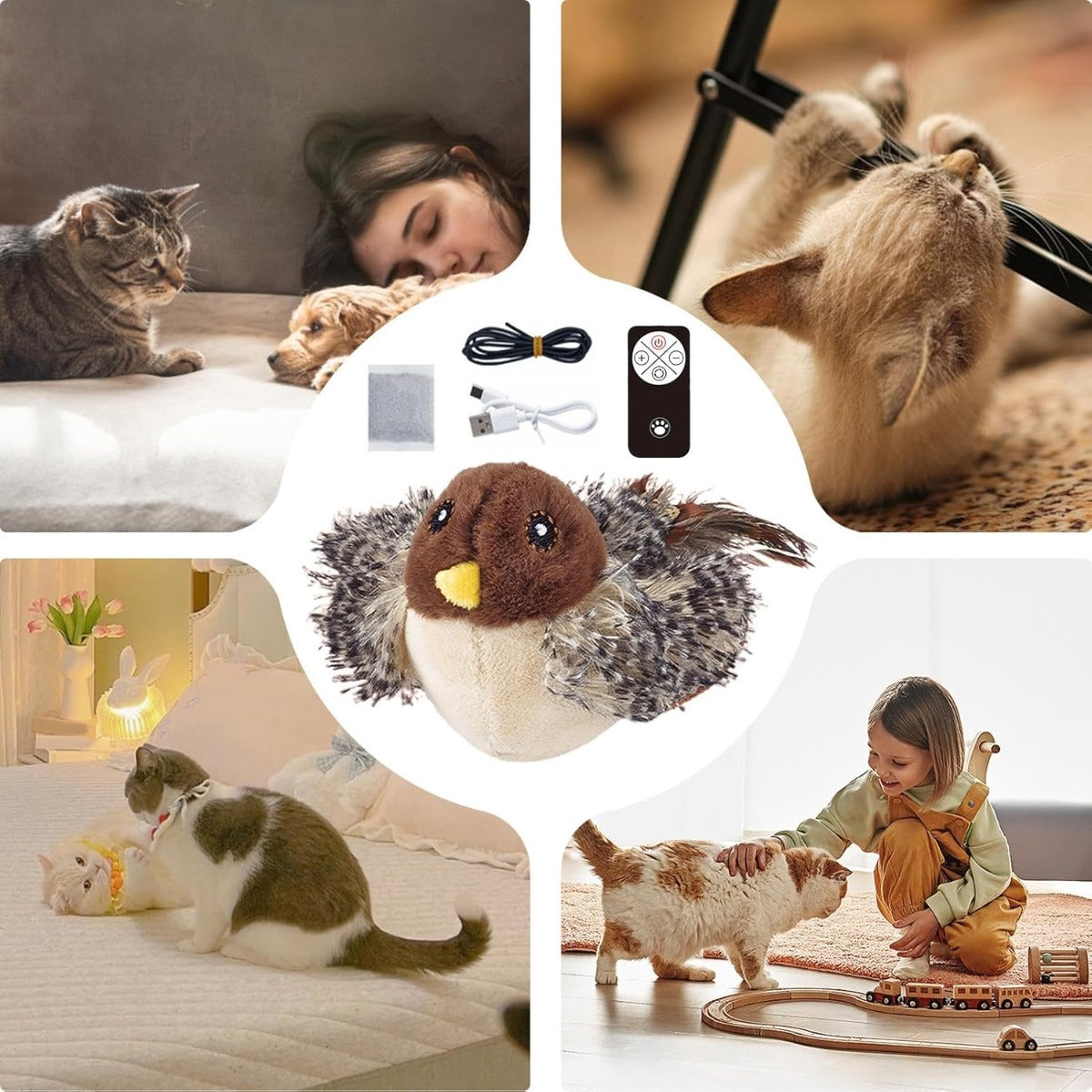 Giocattolo Elettrico Interattivo per Gatti: Uccello Cinguettante e Svolazzante, Ricaricabile USB