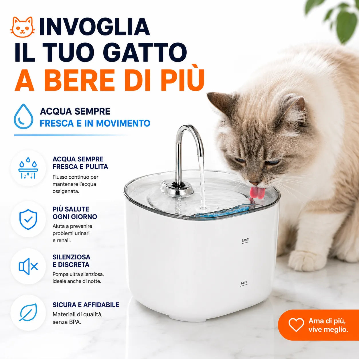 Fontanella Automatica 2,2L per Gatti e Cani con Acqua Corrente 24/7 – Sistema di Filtrazione e Ricircolo Continuo – Ultra Silenziosa