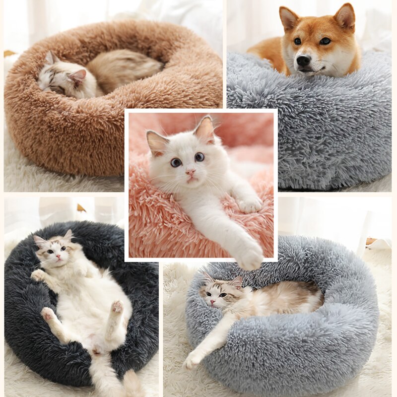 Cuccia di peluche a forma di ciambella per gatti e cani super morbida con base antiscivolo