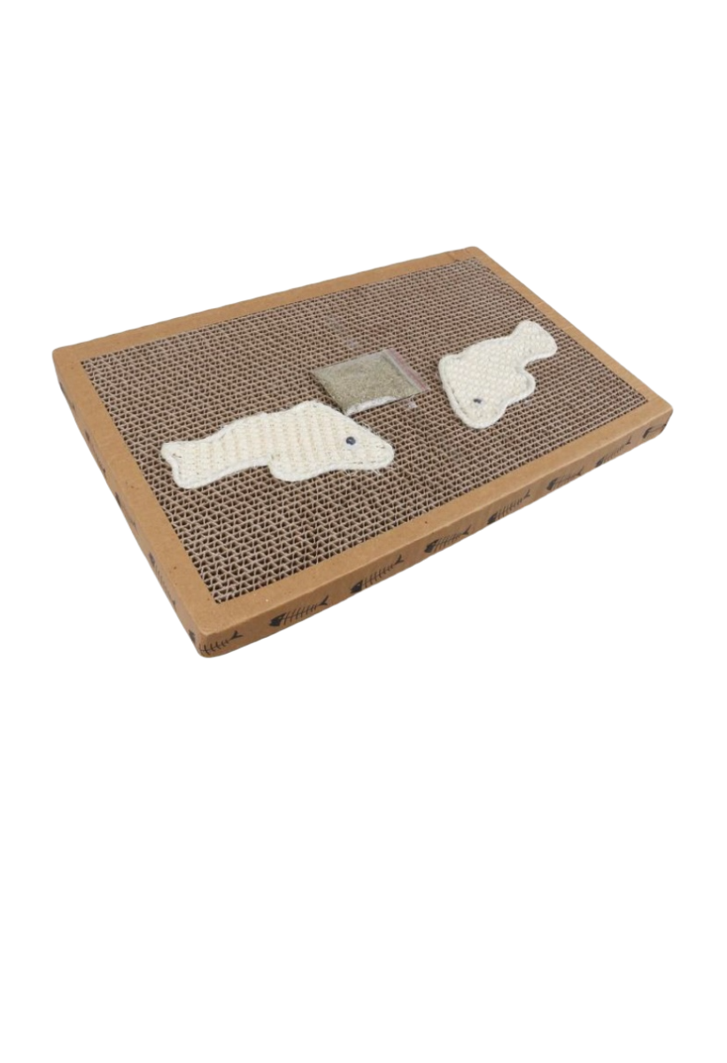 Tappeto Tiragraffi Gatti in cartone profumato  con simpatiche forme di pesci- Gioco Stuoia Cura Artigli in cartone profumato 38x24.5x4cm - Protezione Divani